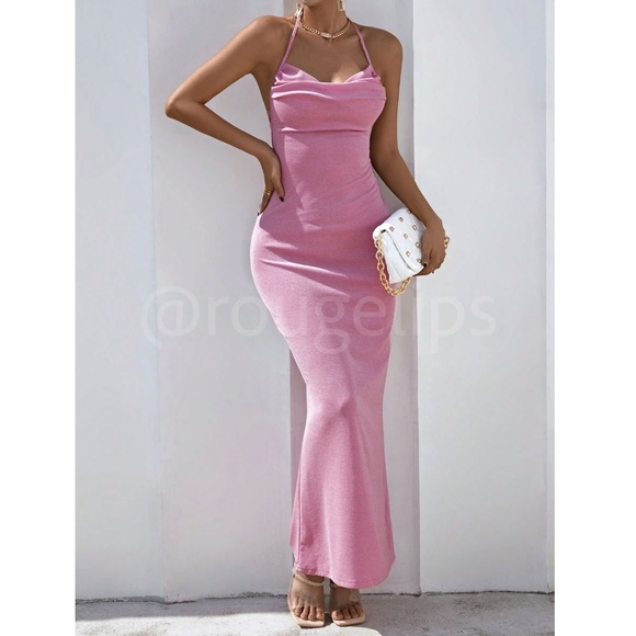 Glitter Lurex Pink Cowl Neck Backless Tie Straps Maxi Long Dress - Picture 6 of 10